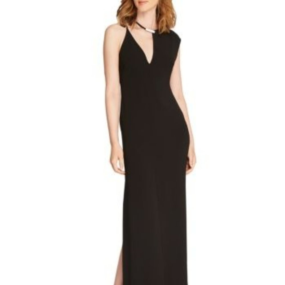 HALSTON HERITAGE Women's Crepe Asymmetrical Sleeve Evening Gown, Black, 0